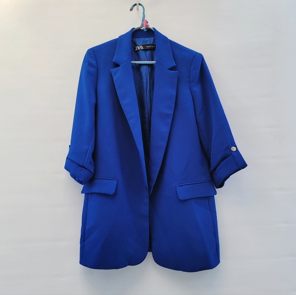 Zara Blazer Cobalt Blue Womens Size Medium Preppy Bold Open Front Workwear - Picture 15 of 16